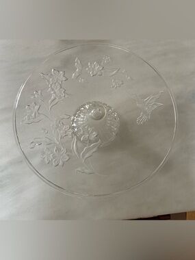 Avon vintage Clear Glass Floral Cake Stand with Hummingbird Design